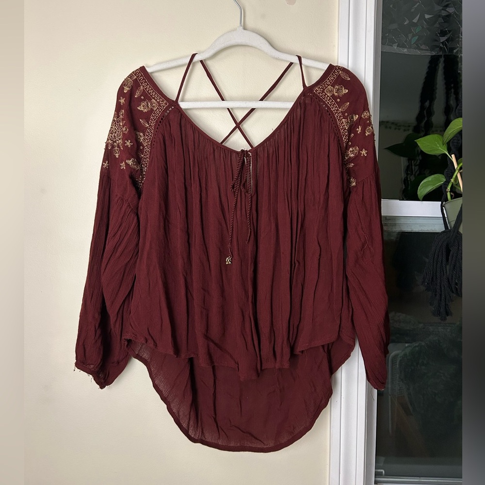 Forever 21 Burgundy Embroidered Blouse